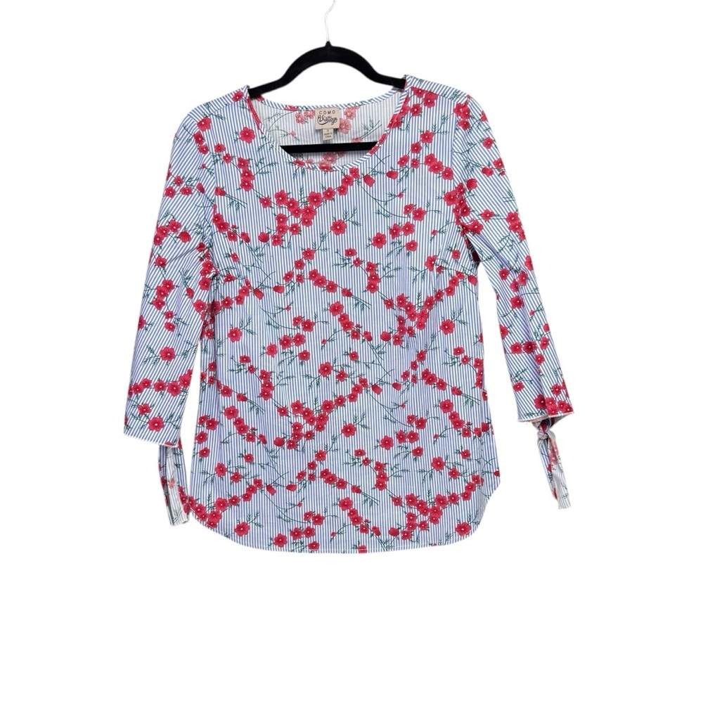 Como Vintage Red Floral and Blue Striped Top size small tie sleeves